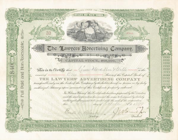 Lawyers' Advertising Co. - 1899 dated Stock Certificate